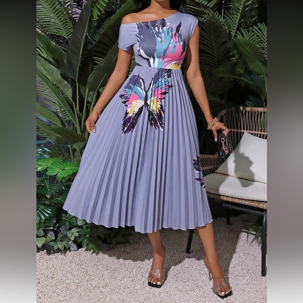 Elegant Butterfly Print Pleated off-shoulder dress in trending lavender color